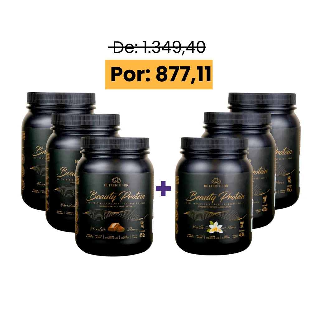 Super Combo 3 Proteína Beauty Whey Protein Baunilha + 3 Proteína Beauty Whey Protein Chocolate